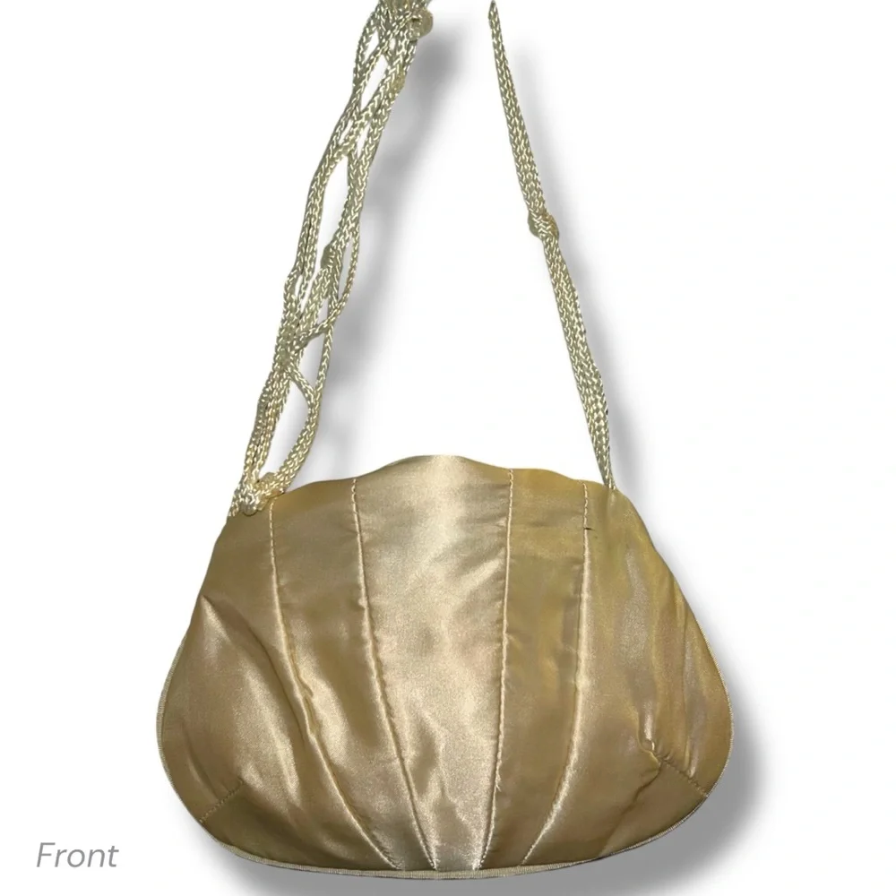Vintage MCM Champagne Evening Bag Classic Scalloped Satin Clutch Strap Formal